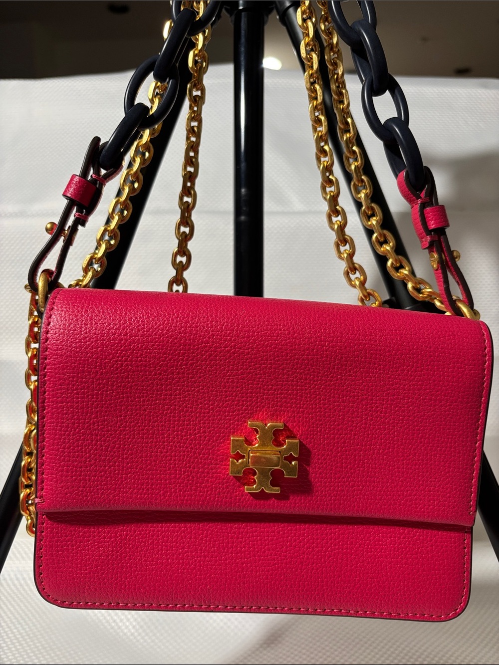 Tory Burch Hot Pink Leather Chain Crossbody with Gold Hardware